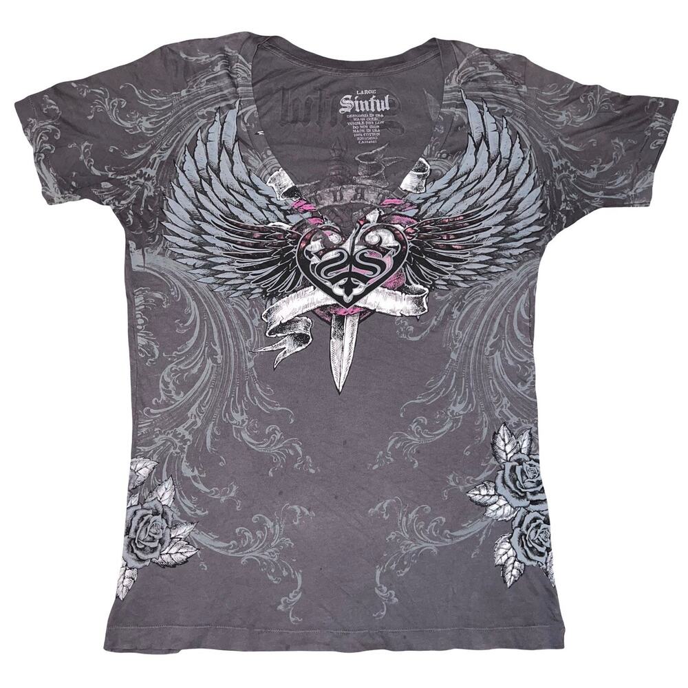 Sinful By Affliction Women's Top L Y2K Heart Wings Grunge Gothic V-Neck Graphic